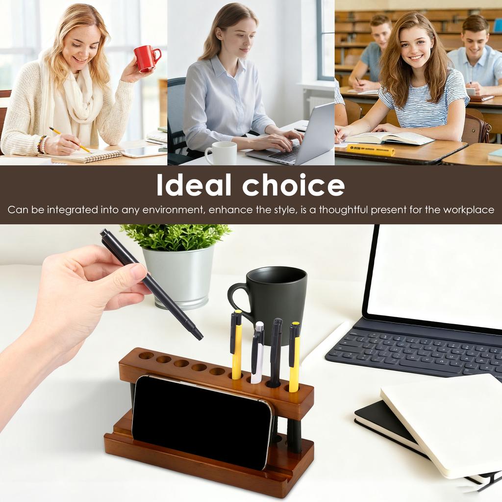 2Pcs Wooden Pen Holder with 9 Slots and Phone Holder Decorative Wood Pencil Organizer Pens Display Stand for Home Office Decor
