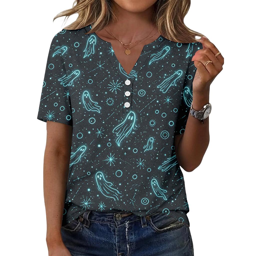 Women's Casual Halloween Print V Neck Short Sleeve Button Front T Shirt Top for Everyday Wear and Seasonal Events
