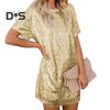 Women's Summer Sequin Midi Dress Casual Crew Neck Short Sleeve T-shirt Dress Sparkly Cocktail Party Dress