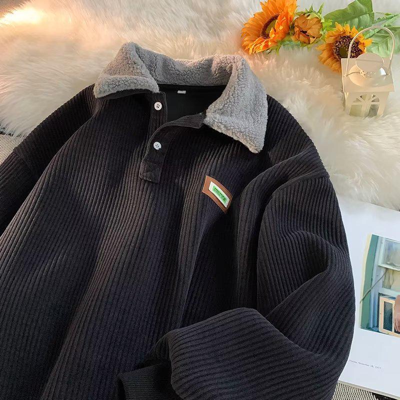 Herren Kordel Cord Fleece gefütterte Reversjacke, Herbst/Winter, Hong Kong Stil, Trendiger Lockerer Schnitt, Ohne Kapuze