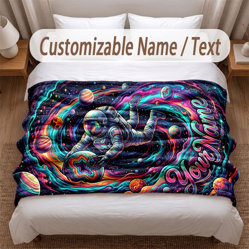 Astronaut Space Theme Soft Blanket Personalized Custom Name Text Print Warm Blanket Home Sofa Bedroom Decor