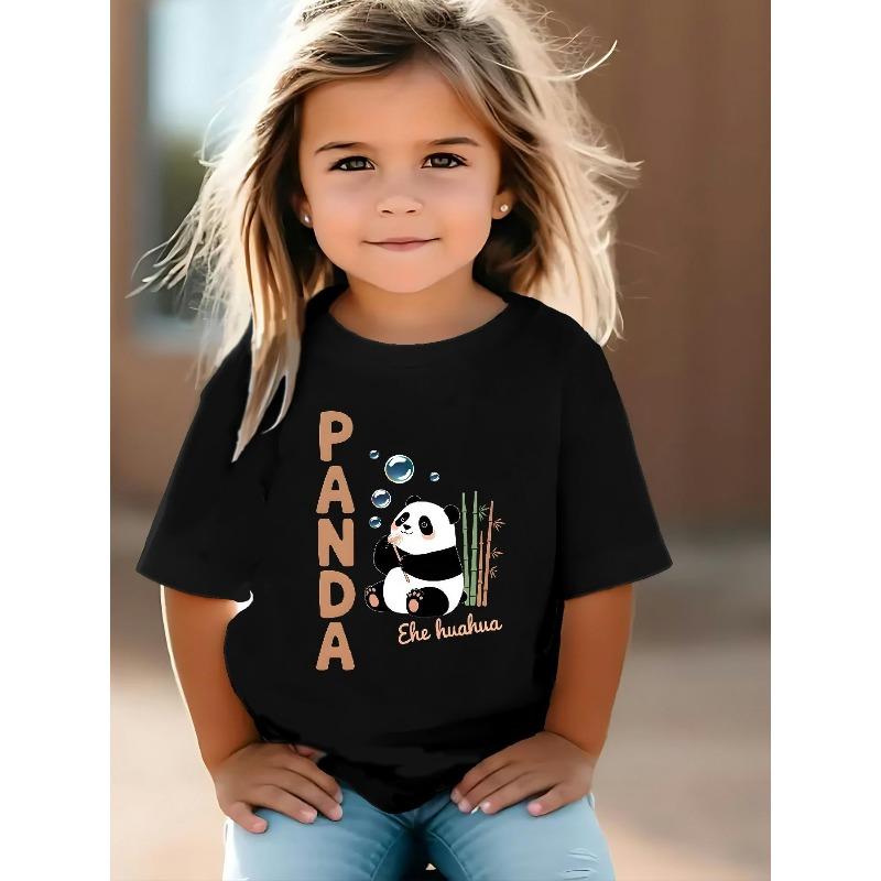 European sizes [Panda Print Girls' T-Shirt] Cute Cartoon Panda Print - Casual Comfortable Round Neck Short-Sleeved T-Shirt for Girls