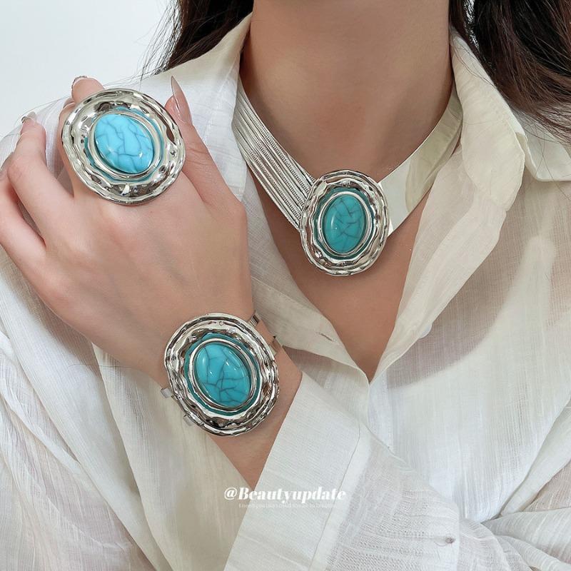 Acrylic Oval Ring Bracelet Stud Earrings Necklace Medieval Vintage Jewelry Set Light Luxury Niche Jewelry