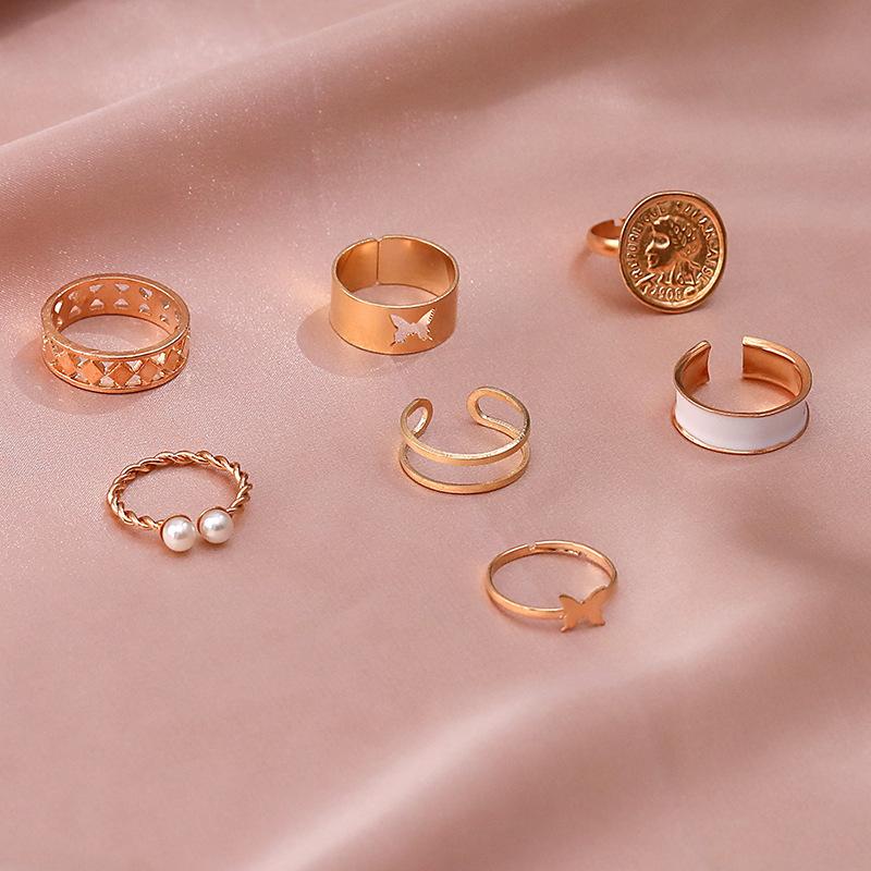 Ring, Fashion Pearl Opening Hollow Butterfly Drip Oil 7-Piece Ring Women