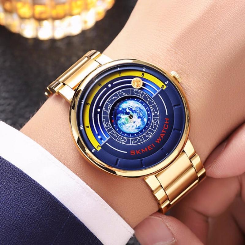 SKMEI Unique Earth Watch Men Fashion Watches Business Stainless Steel Waterproof Quartz Watch For Man