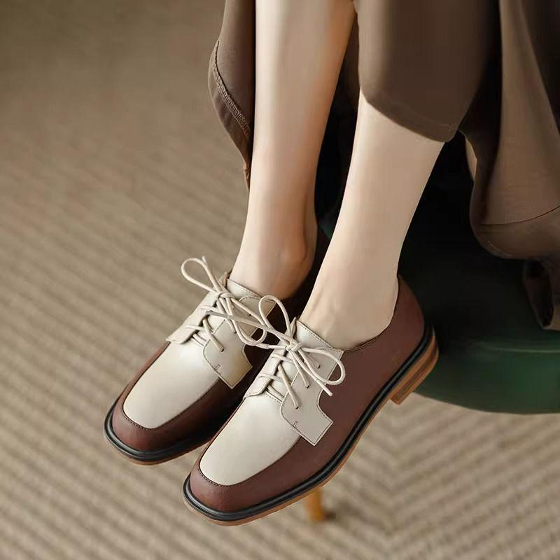 Women s Retro British Chunky Heel Oxfords - Square Toe Color Block Deep Lace-Up 35 5335₽