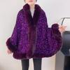 Autumn and Winter Plus Velvet Thickened Big Fur Collar Sequined Shawl Women's Fashion Short Cloak Top