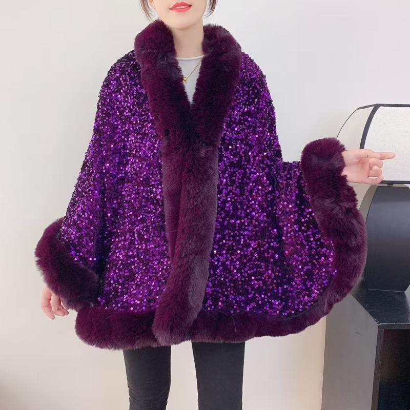 Autumn and Winter Plus Velvet Thickened Big Fur Collar Sequined Shawl Women's Fashion Short Cloak Top
