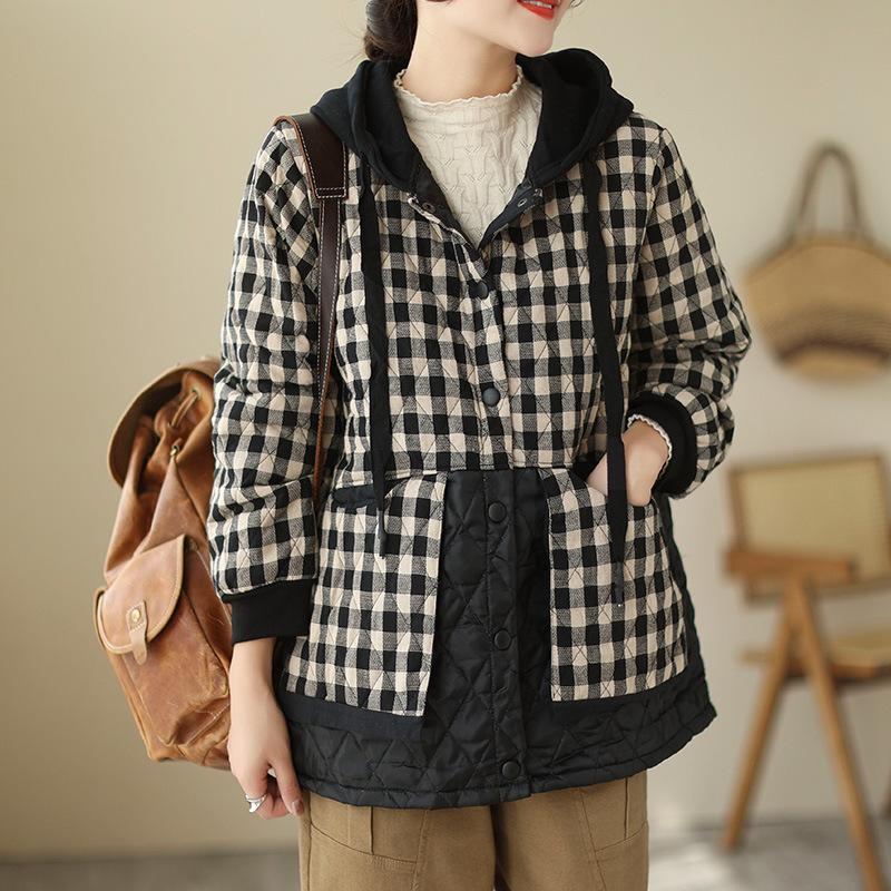 FASHION Spring and Autumn Thin Cotton-linen Cotton-padded Coat Plaid Women's 2024 New Large Size Loose Literary Hooded Cotton-padded Top Clothes