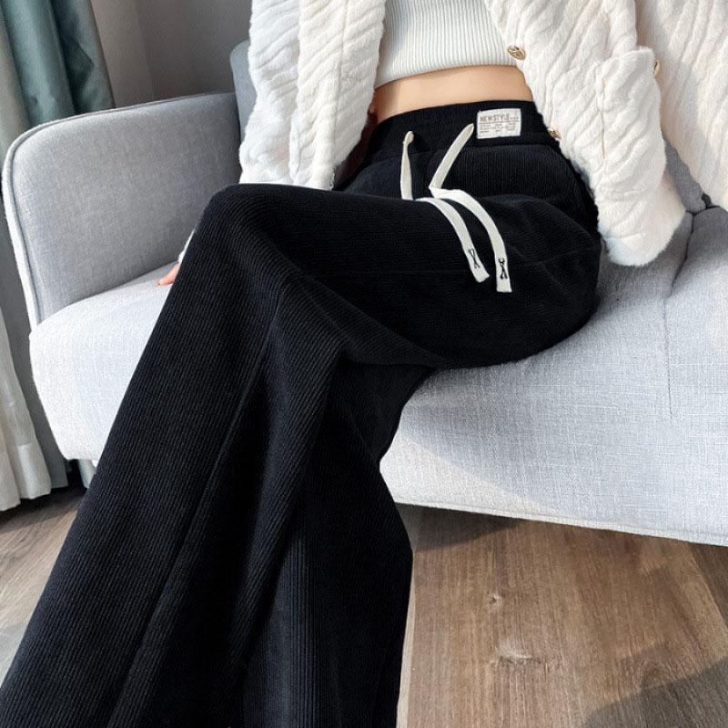 Women's Fleece Lined Wide Leg Pants Sporty Thin Style Autumn Winter Casual Trousers Spring Summer Narrow Version