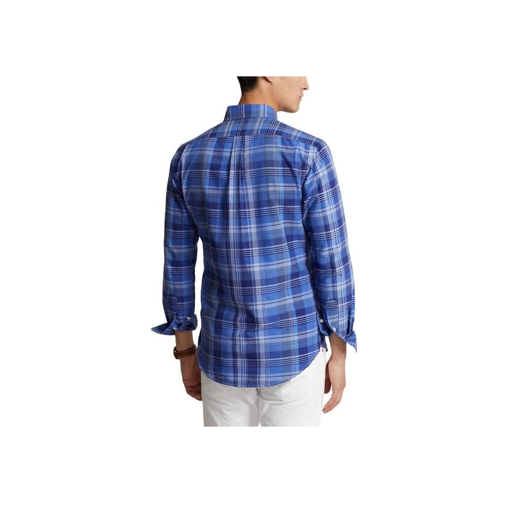 Polo Ralph Lauren Wzór w kratę Logo haftowane Jednorzędowa Koszula z długim rękawem Męskie koszule Niebieska MNPOWOV16823471-400