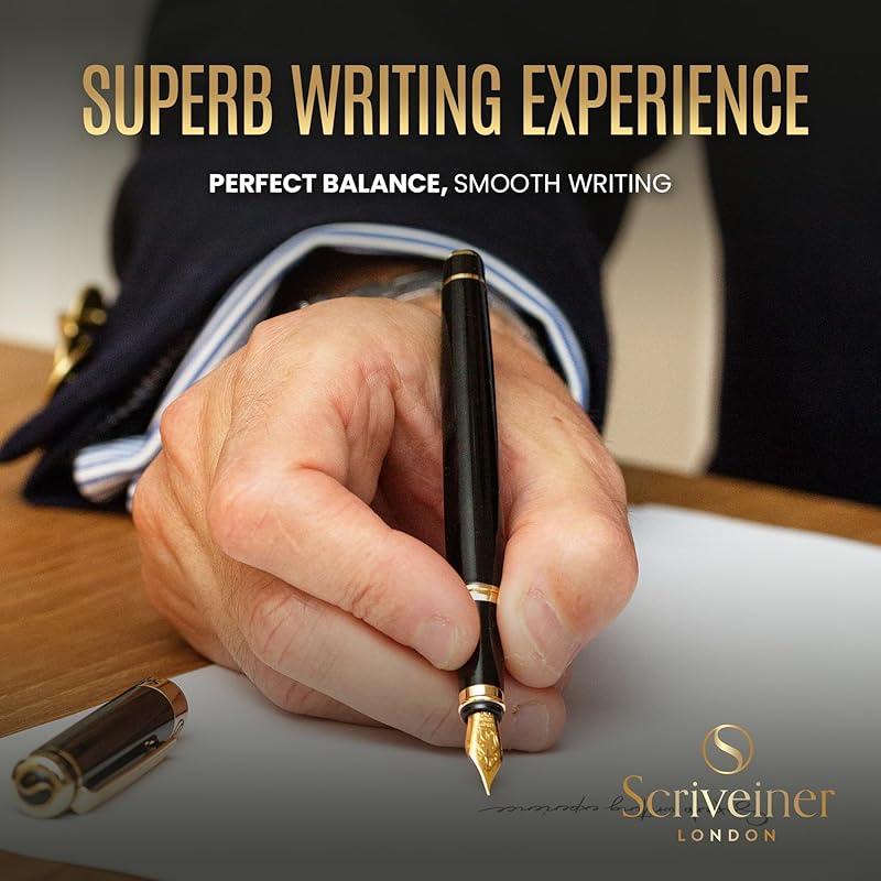 Scriveiner Black Lacquer Fountain Pen, a premium fountain pen with a captivating 24K gold finish.