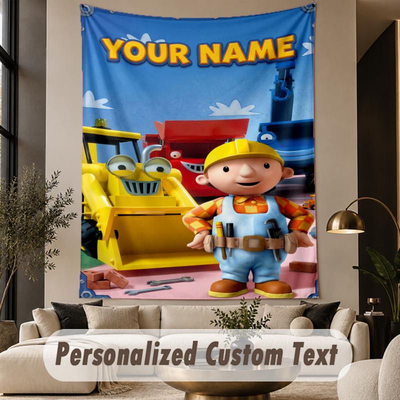 Custom Text Printed Tapestry Bob the Builder Pattern Large Wall Hanging Indoor Room Decor