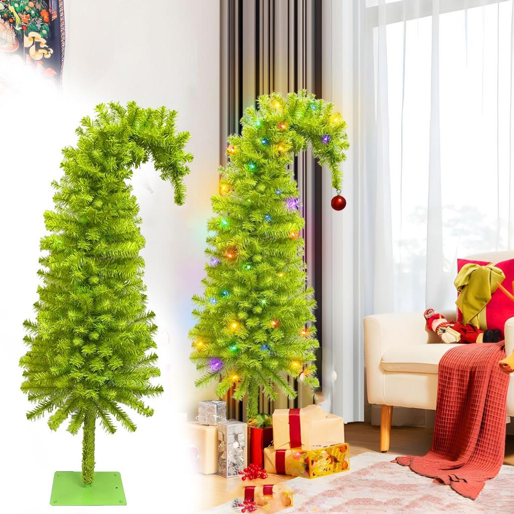 150cm umělý borovicový strom s vysokou hustotou a zahnutým vrcholem pro sváteční dekoraci s předem rozsvícenými světly a robustní kovovou základnou, vhodný pro vnitřní použití