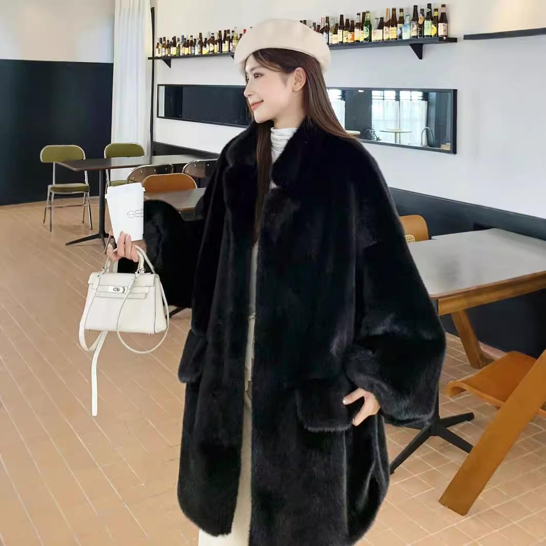 

Новая свободная женская шуба с рукавами-фонариками, средняя и длинная, пушистая зимняя утолщенная теплая плюшевая одежда L чёрный