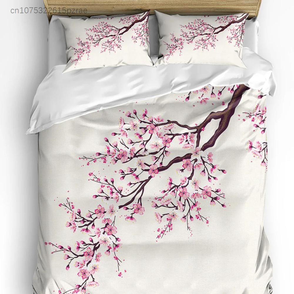 Set Biancheria da Letto Stile Giapponese Gru Fiori di Ciliegio Vintage 3 Pezzi per Letto Matrimoniale Tessili per la Casa Copripiumino Coperta Federa