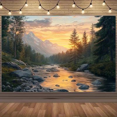Bergbach Sonnenuntergang Landschaft Hintergrundtuch - Dämmerwald Fluss Design Festival Dekoration - Kein Strom erforderlich