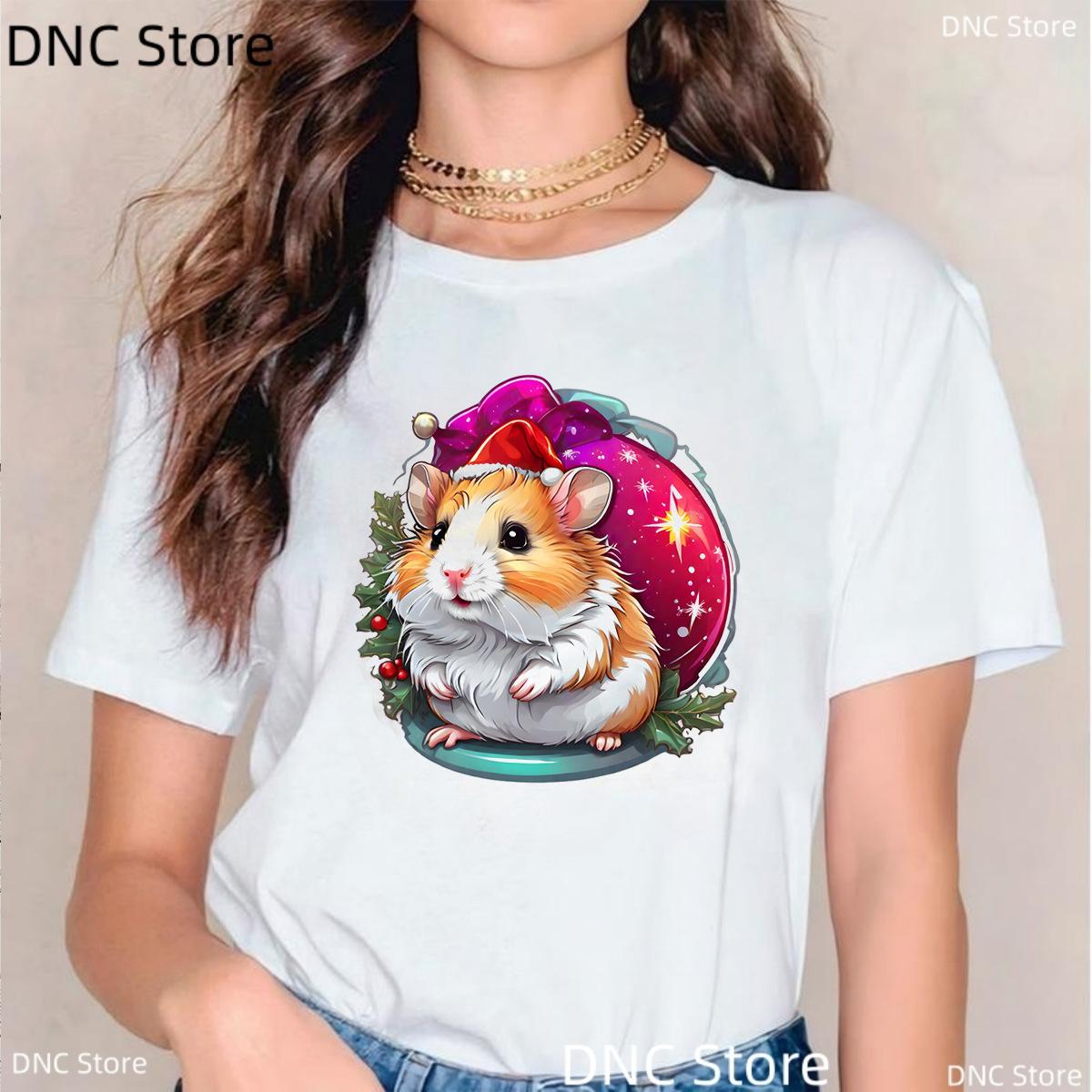 

New Arrival WomenS TShirt Funny Christmas Hamster Print Ladies Casual Roundneck Shortsleeved Tshirt Graphic T Shirts S