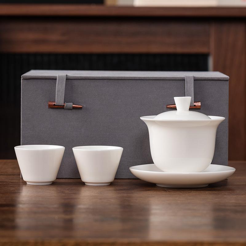 Hover Cover Bowl Suet Jade Porcelain White Porcelain High-end Three Talents Brewing Tea Bowl One Pot Two Cups Gift Box Light Luxury Boutique Tea Set