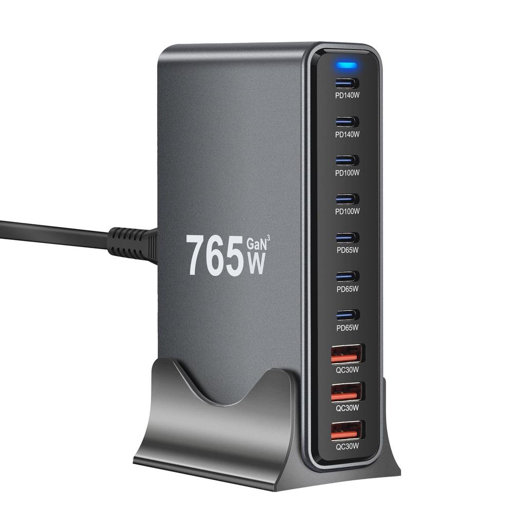 800W Gallium Nitride Desktop Charger – 10-Port Australian Standard PD Fast Charger with 765W Multifunctional Output.