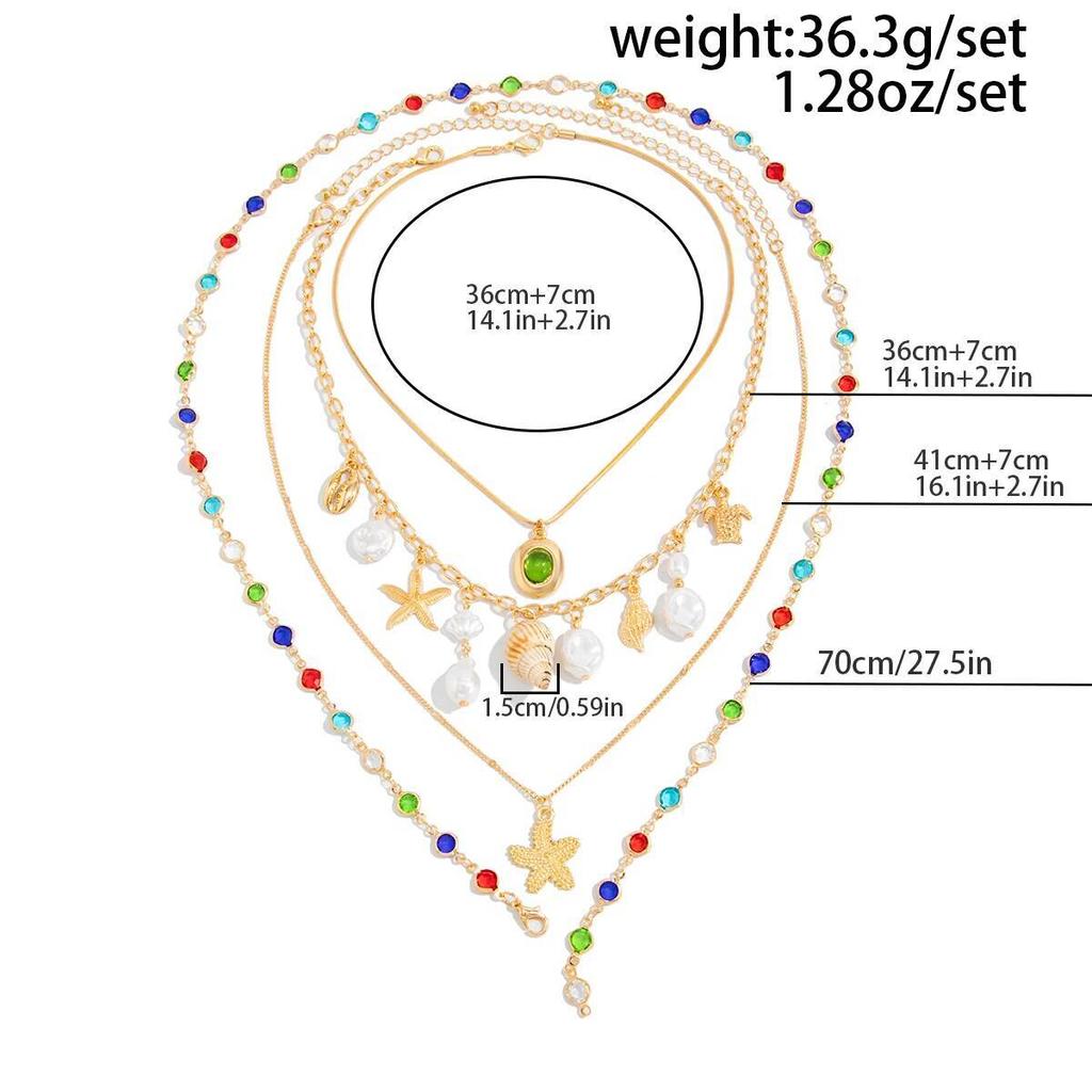 IngeSight.Z 4Pcs/Set Y2K Boho Colorful Crystal Chain Necklace Fashion Creative Scallop Starfish Imitation Pearl Pendant Jewelry