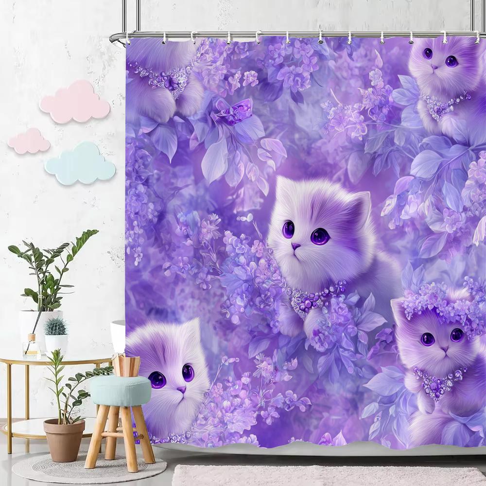 Cartoon Cat Shower Curtain, Bathroom Decorative Flowers Shower Curtains, Home Printed Polyester Fabric Curtain with Hooks