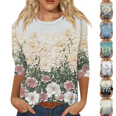 Women's Fashionable Casual Three Quarter Sleeve Printed Collar Pullover Top