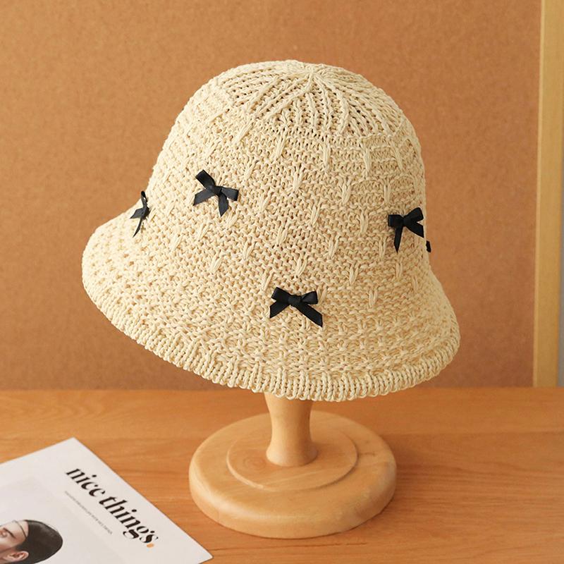 Stylish Foldable Uv Protection Straw Bucket Hat With Mini Bow Handmade Beach Sun Hat For Women Vacation Outdoor Activities