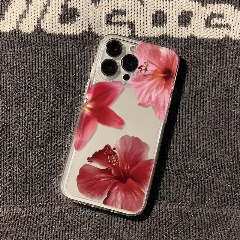 Full Screen Red Flower iPhone Case For iPhone 16 15 14 13 12 11 Pro Max XR XS MAX 7 8 PLUS MINI INS Transparent Shockproof Cover