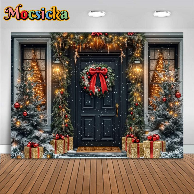 Mocsicka New Year Party Backgrounds Christmas Tree Winter Snowflake Black Door Decorations Family Festival Photography Backdrops