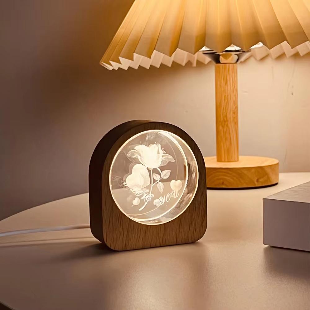LED Crystal Ball Table Lamp Wooden Base USB Night Light 3D Rose Rain Birthday Cake Decor For Home Party Kid Gift Support Custom