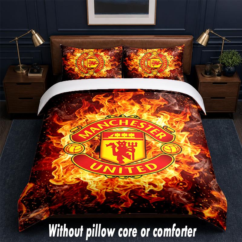 Set de Cama Manchester United FC Diseño 1 Funda Nórdica + 2 Fundas de Almohada Suave Transpirable Ropa de Cama para el Hogar