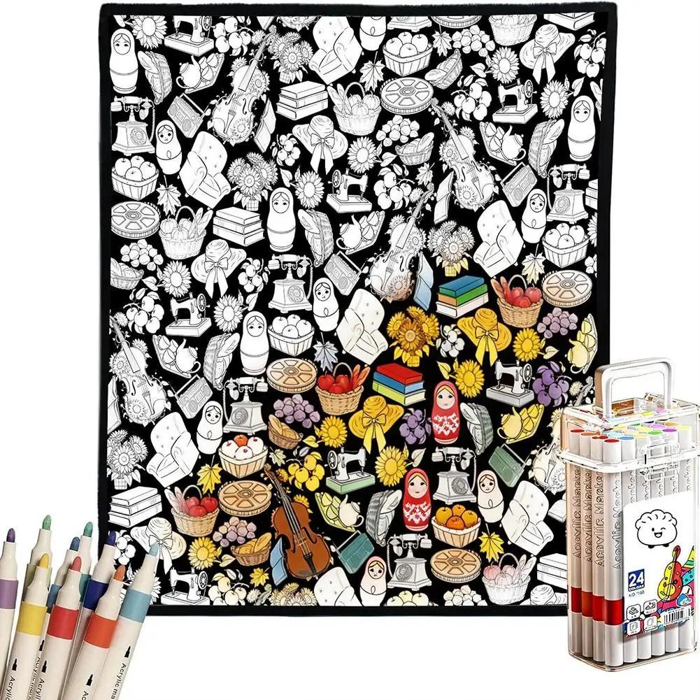 DIY Coloring Blanket With 24 Color Acrylic Markers Floral Theme Cloth Painting Throw Blanket For Sofa Bedroom Decor Gift