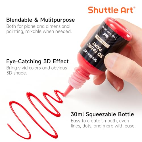 Shuttle Art 3D Fabric Paint Set, 45 Colors, 30ml each, Metallic Colors, Washable, Durable, Paintbrush, Stencil, and Palette Included, Perfect for DIY