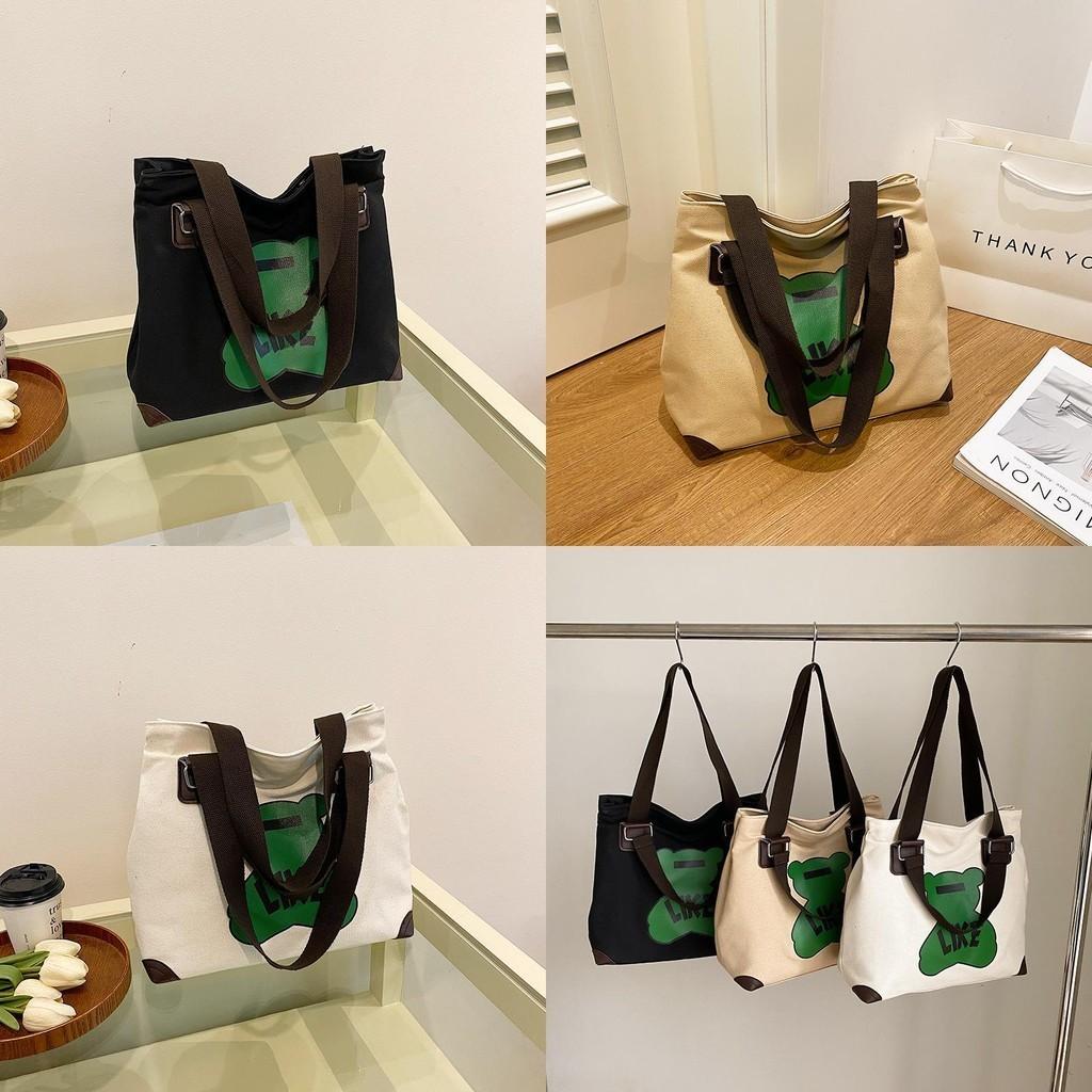 Adorable Cartoon Canvas Tote Bag Large Capacity Casual Handbag For Students