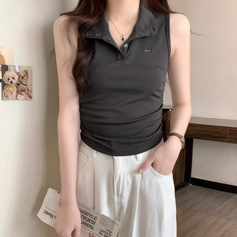 Polo Shirt Lapel Camisole Women's Spring and Summer New Pure Lust Hot Girl Pleated Sleeveless Waistcoat Tight Inner Top