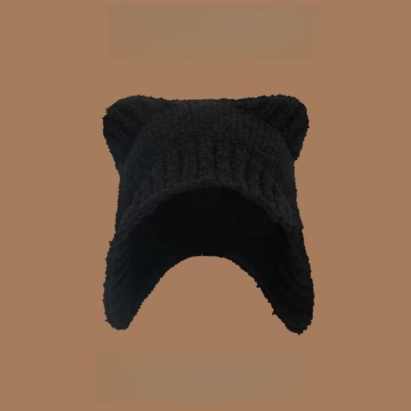 Winter Women Cute Warm Beanie with Bear Era Earmuffs Outdoor Travel Cycling Knitt Thick Fluffy Warm Pullover Cap for Autumn