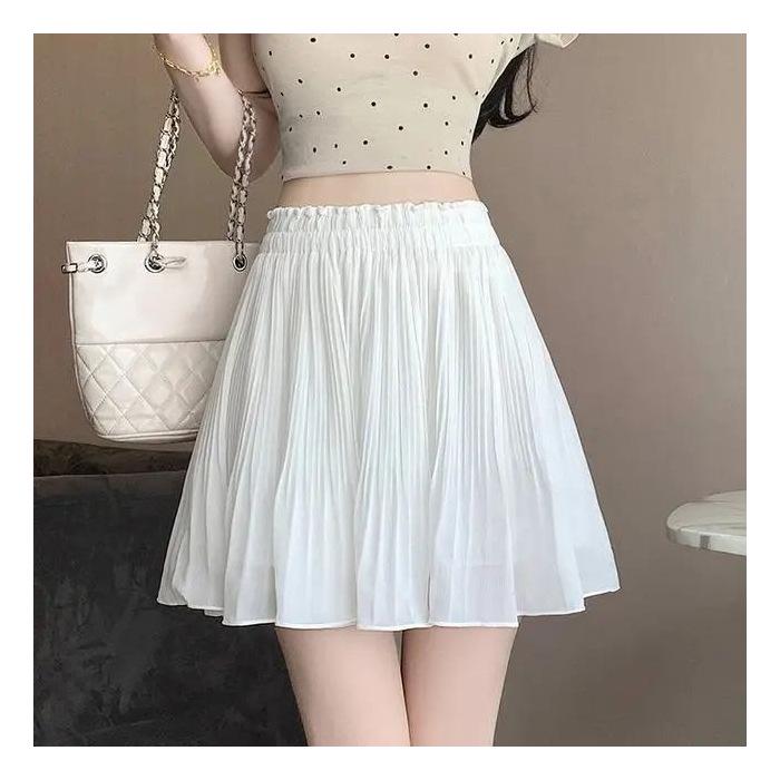 Women's Elastic Waist Pleated Chiffon Mini Skirt - Anti-Exposure, Slimming, Age-Reducing, Versatile Loose Fit for Spring/Summer.