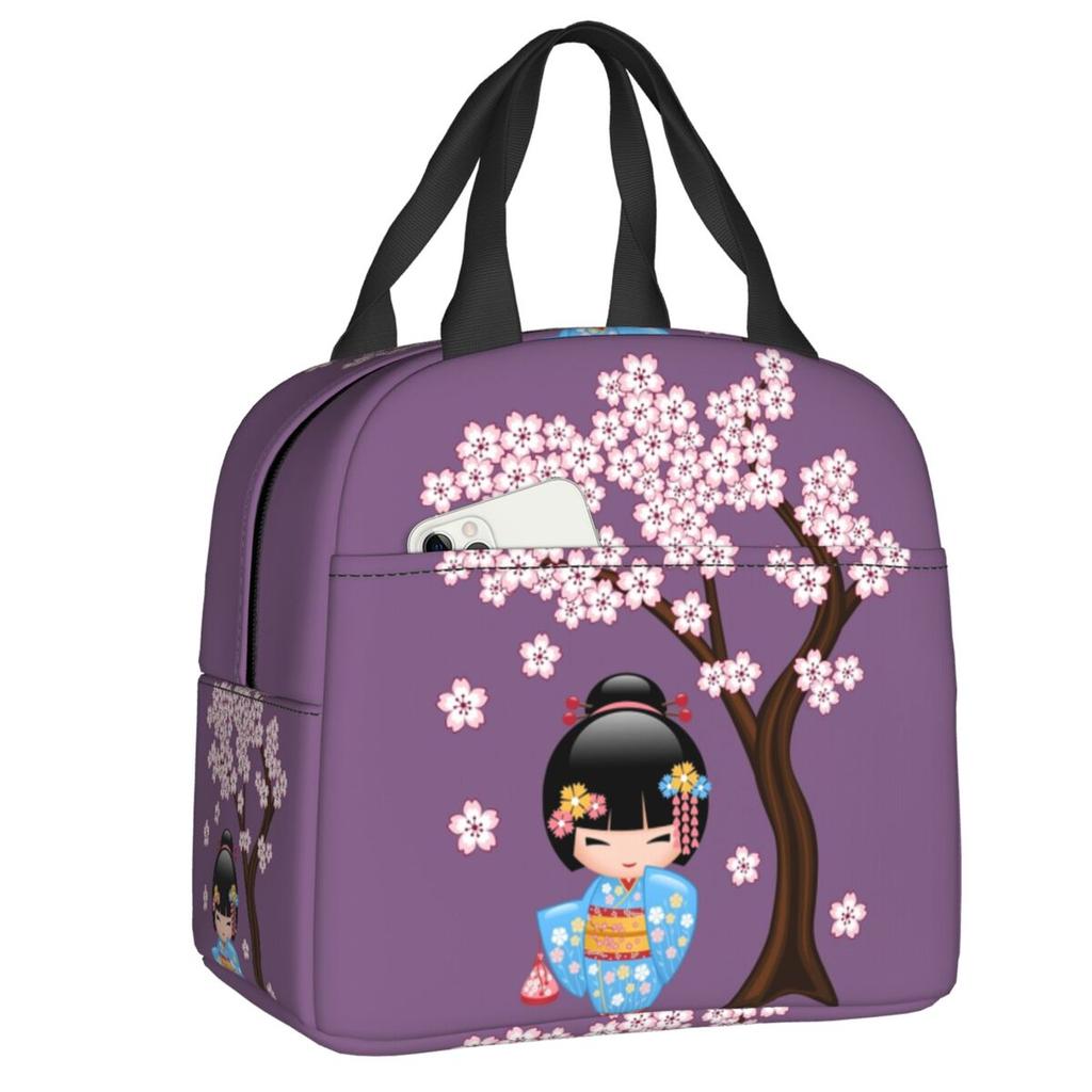Custom Japanese Girl Sakura Kokeshi Doll Lunch Bag Men Women Warm Cooler Insulated Lunch Box for Kids School Children
