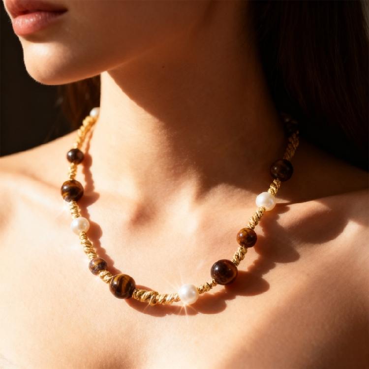Stylish Tigers Eye Bead Necklace With Round Pearls Professional Craftsmanship Sturdy Hand strung Beaded Necklace