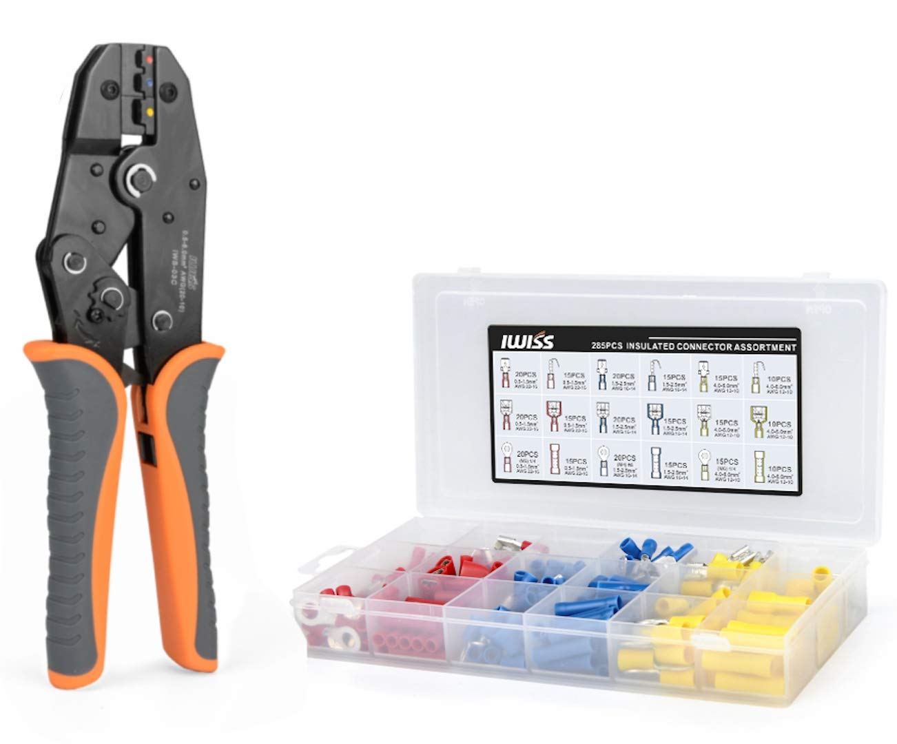 

IWISS Crimping Pliers for Insulated Crimp with Crimping and a Set of 285 Insulated Crimp Sleeves for Copper Wire IWS-03C Terminals, 0.5-6.0 sq.,