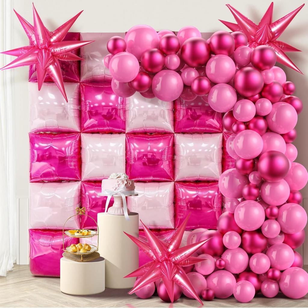 50pcs Hot Pink Square Foil Balloons Wall Double Sided Wedding Balloons Backdrop Arch Kit for Anniversary Valentines Day