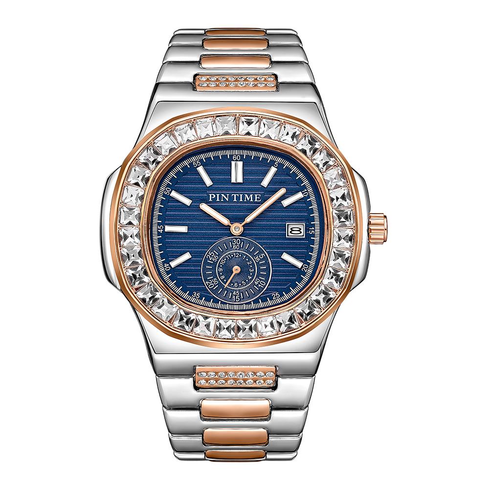 Business Men's Watches Shiny Diamond Case Fashion Quartz Wristwatch Stainless Steel Strap Waterproof 30M Calendar Reloj Hombre