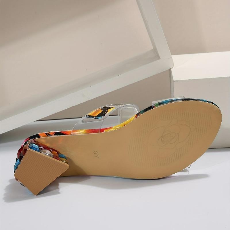 Women's Colorful Chunky Heeled Sandals Rhinestone Decor Slip On Open Toe Mid Heels Stylish Daily Wear Sandals