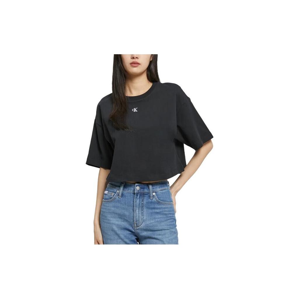 Calvin Klein Solid Color Logo Crew Neck T-Shirt Women Tops Black J221110-BEH