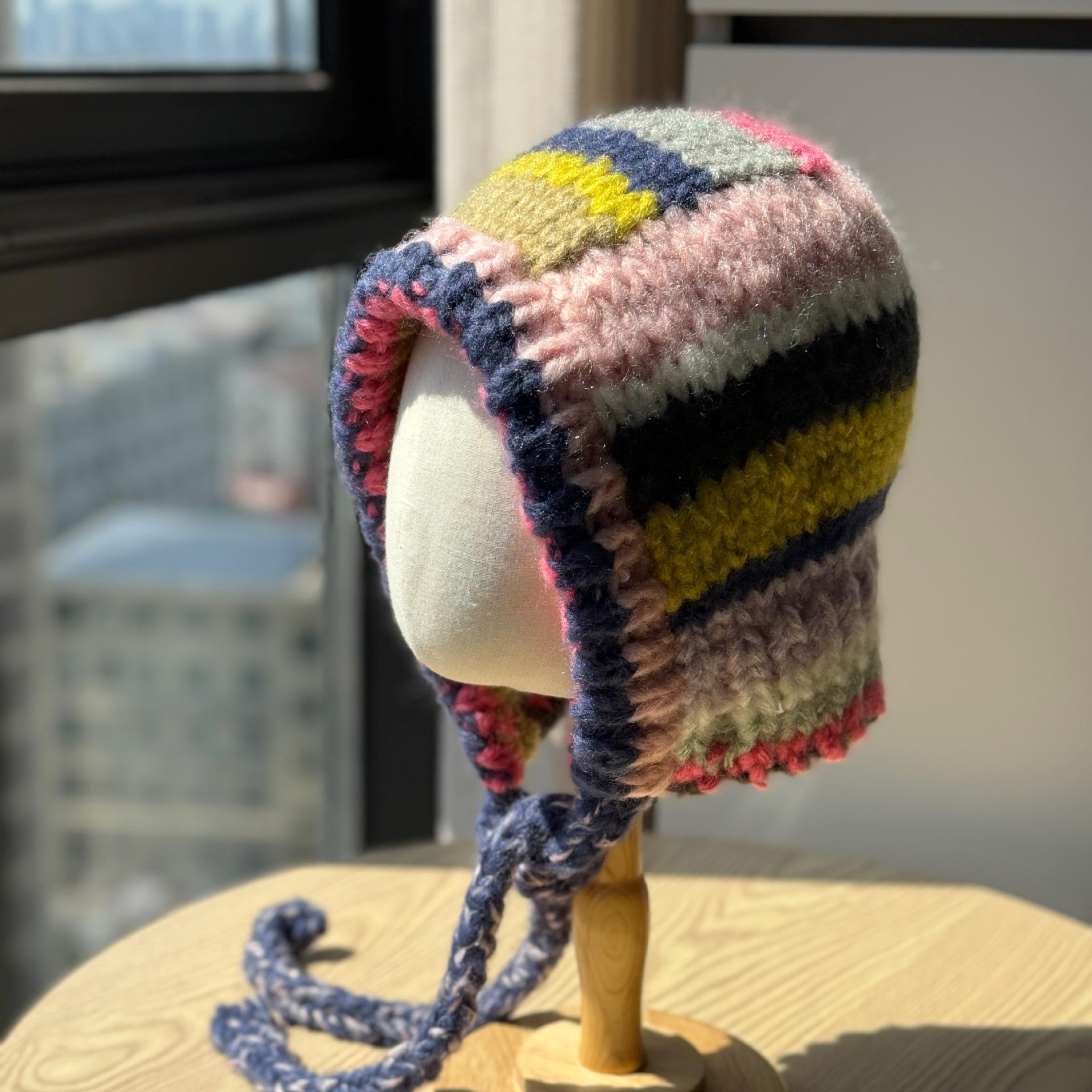 Новая красочная вязаная полосатая вязаная шапка женская осенне-зимняя шапка баотоу теплая шапка-балаклава для большой головы one size