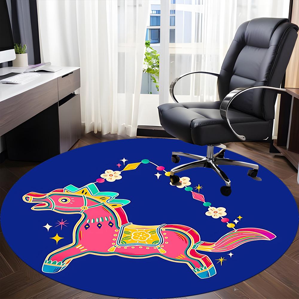 1pc Colorful Horse Ornament Chair Carpet for Office, Round Polyester Mat, Indoor Decor for Office, Easycare Fabric, Washable Non-slip Area Carpet