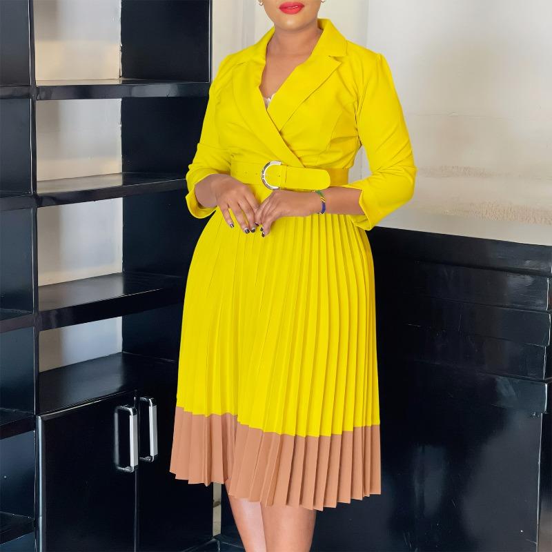 Women Elegant Color Block Turn Down Collar High Waist Pleated Office A Line Dress