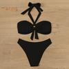 Women Bikini Set Metal Ring High Waist Two Piece Swimsuit Sexy Halter String Cut Out Bathing Suit for Beach Vacation Party
