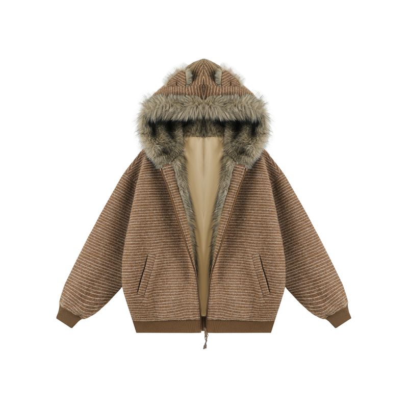 Dream Made Cat Ear Mountain Carving Jacket for Men, Winter Fleece-Lined Thickened Warm Couple Cotton Coat, Striped Cotton Jacket